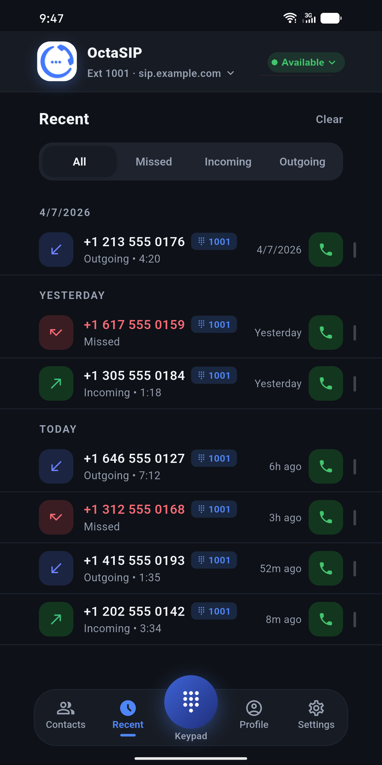 OctaSIP Android call history